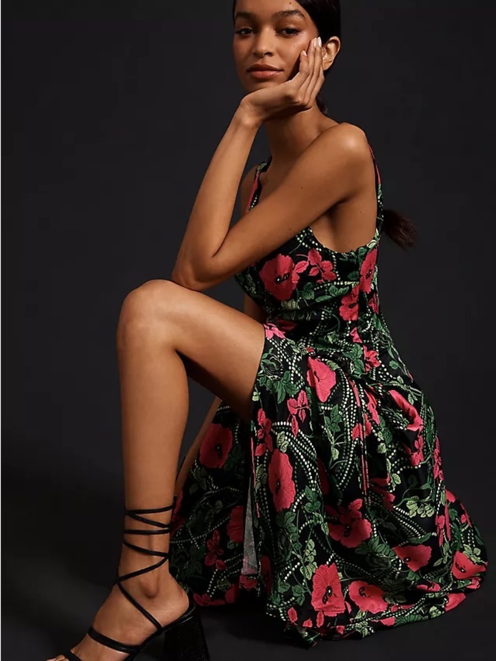 Anthropologie Maeve Ruched Midi Dress Black Pink Floral Poppy Print size Medium